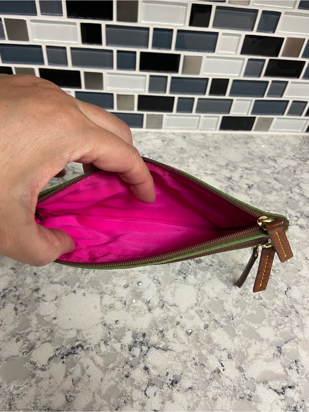 Dooney & Bourke Green Canvas Triple-Zip Pouch with Pink Duck Print - Picture 3 of 5